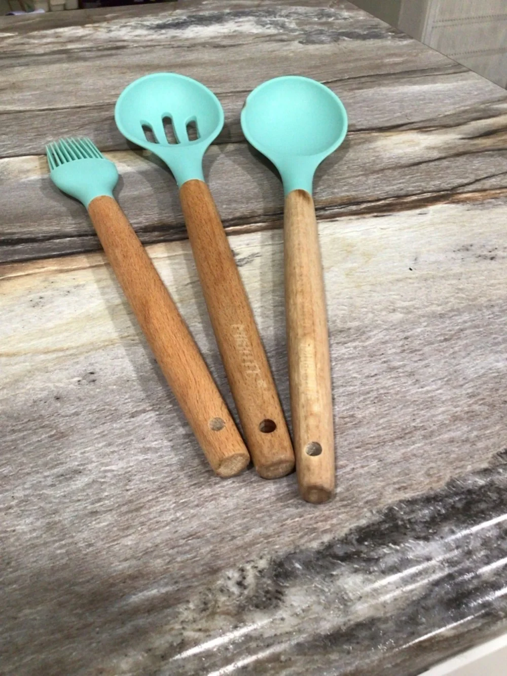 MIBOTE 3pc Silicone Kitchen Utensil Set Teal Wood Handle Spoon Brush BPA Free.